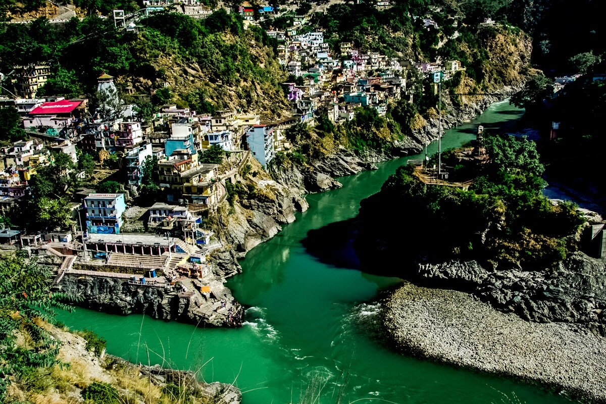 The confluence of River Bhagirathi and River Alkananda in Debprayad. Uttarakhand